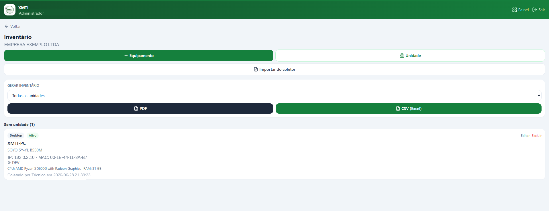 Tela do XMTI OS mostrando o inventário de equipamentos de um cliente, com coleta automática de dados e exportação em PDF e Excel.